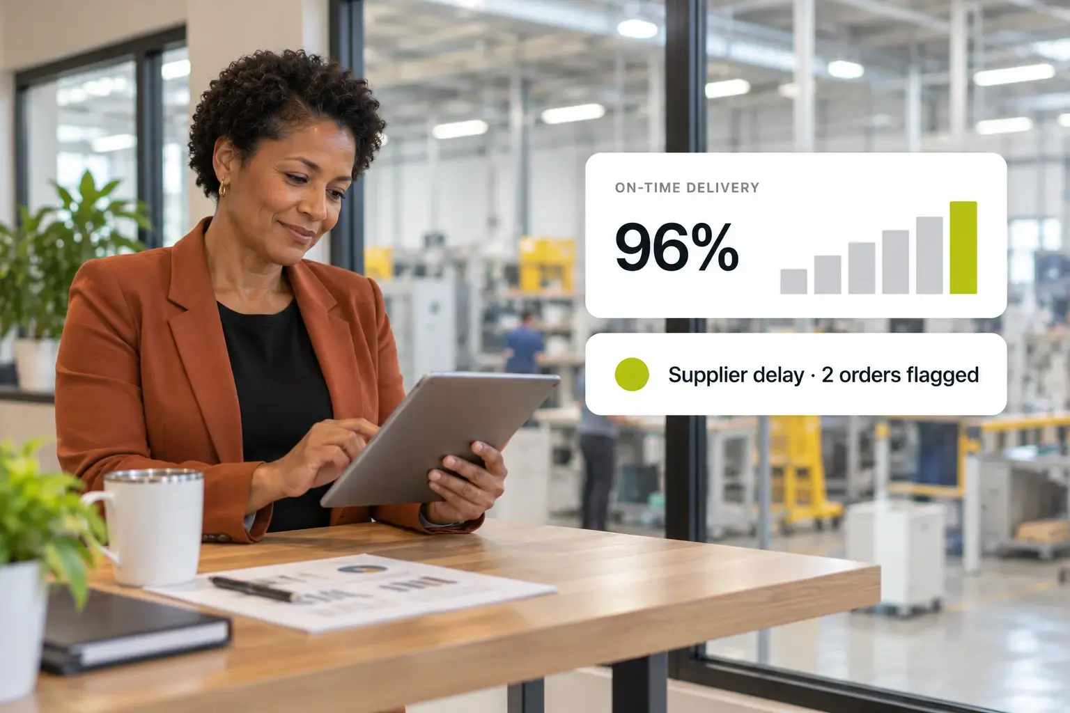 A finance director at a manufacturer checks a tablet showing on-time delivery at 96 percent and a supplier delay flagged on two orders.