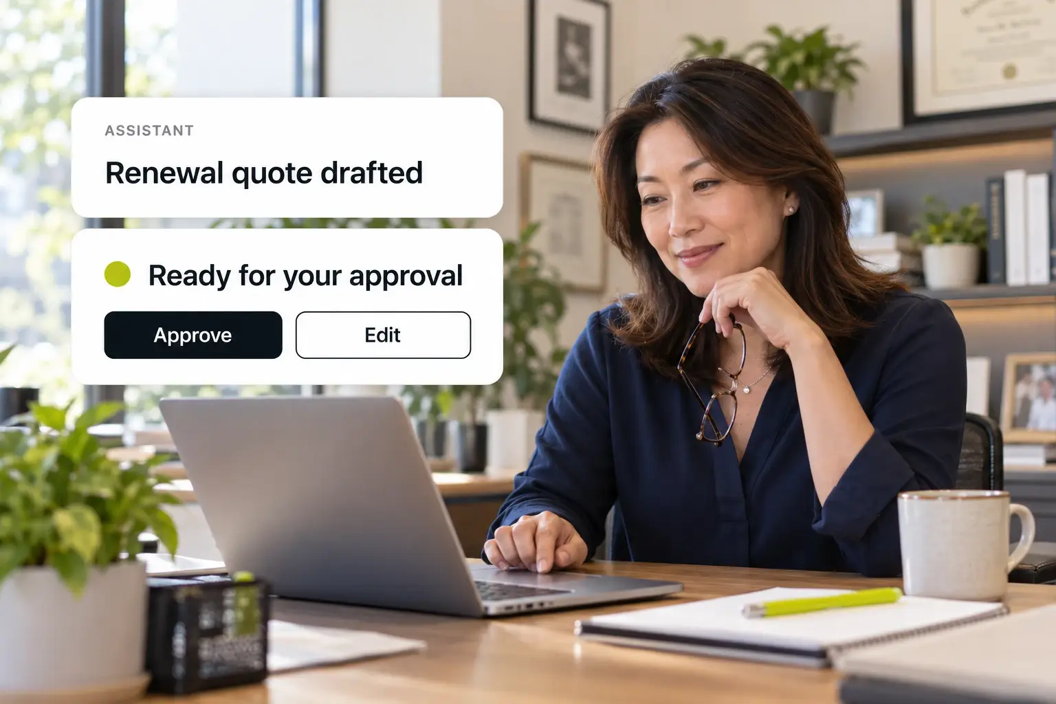 An insurance agency owner reviews a renewal quote her assistant has drafted, with the quote waiting for her approval and options to approve or edit.