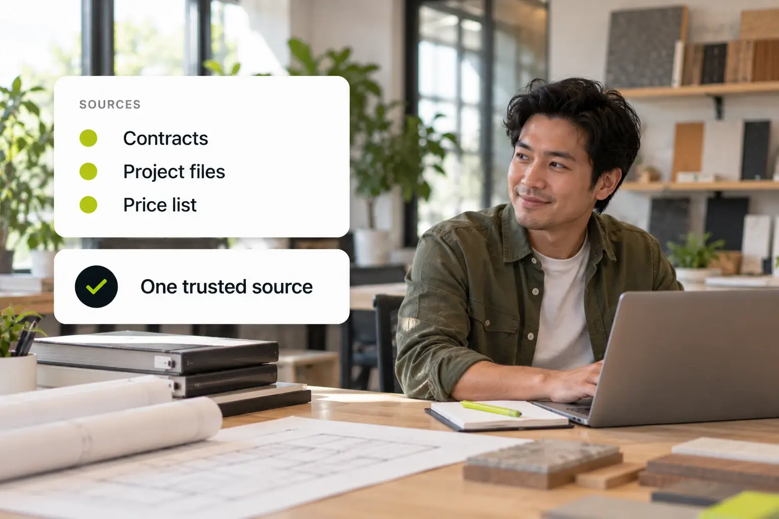 A records coordinator at an architecture firm smiles at his laptop while contracts, project files, and the price list come together as one trusted source.