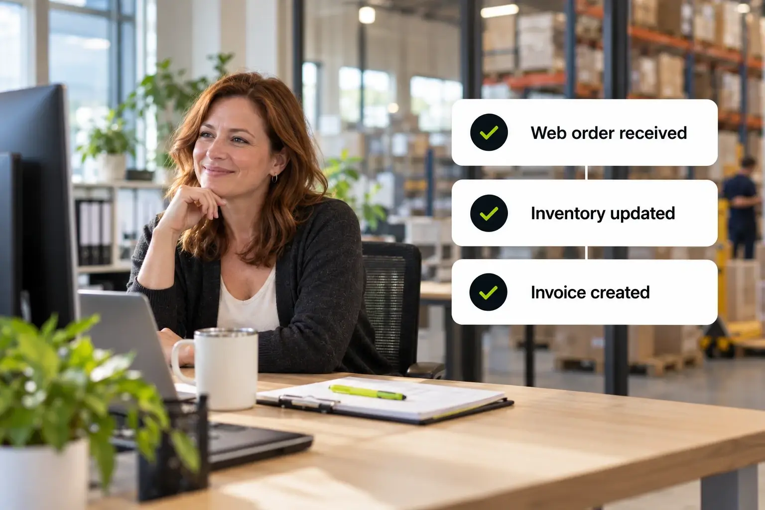 A fulfillment lead at a wholesale supplier smiles at her screen as a web order is received, inventory is updated, and an invoice is created without retyping.