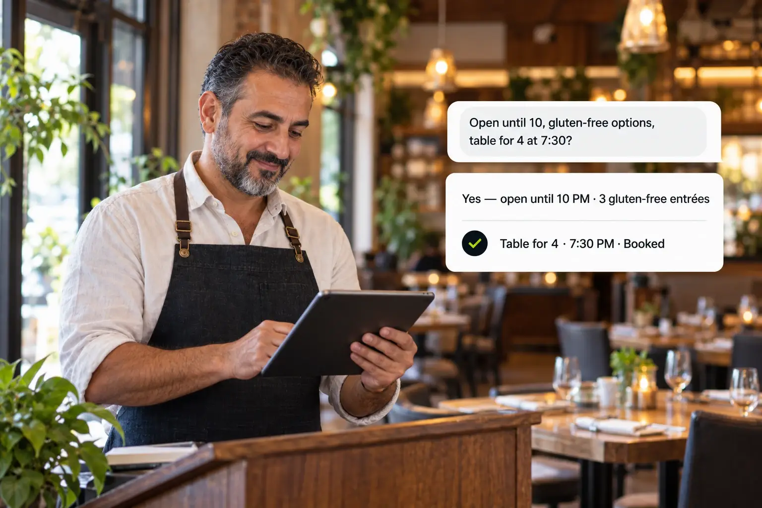 A restaurant owner in an apron smiles at a tablet at the host stand as a guest's question about late hours, gluten-free options, and a table for four at 7:30 is answered and the table is booked.