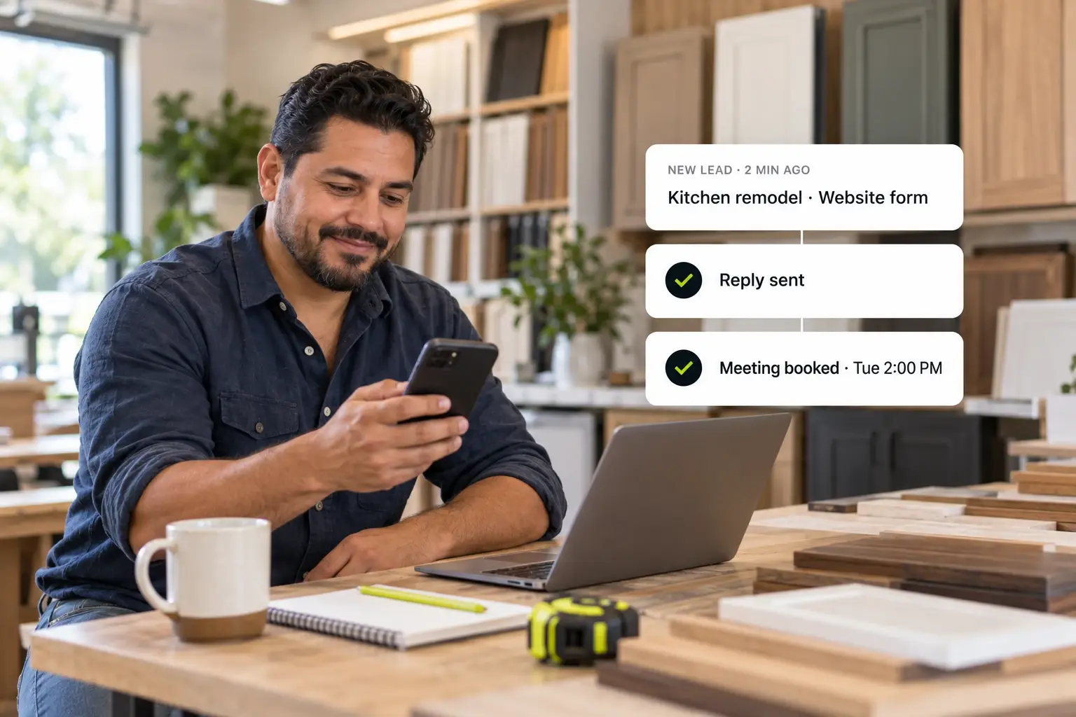 The owner of a cabinetry showroom smiles at his phone as a new kitchen-remodel lead from the website form gets an automatic reply and a meeting is booked for Tuesday at 2:00 PM.