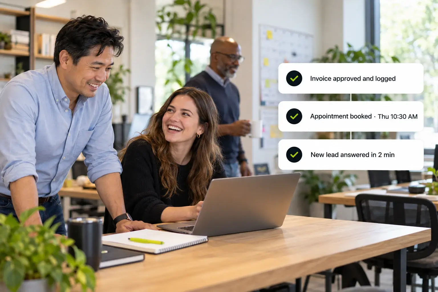 Three colleagues share a relaxed moment in a bright office while an invoice is approved and logged, an appointment is booked for Thursday at 10:30 AM, and a new lead is answered in two minutes.